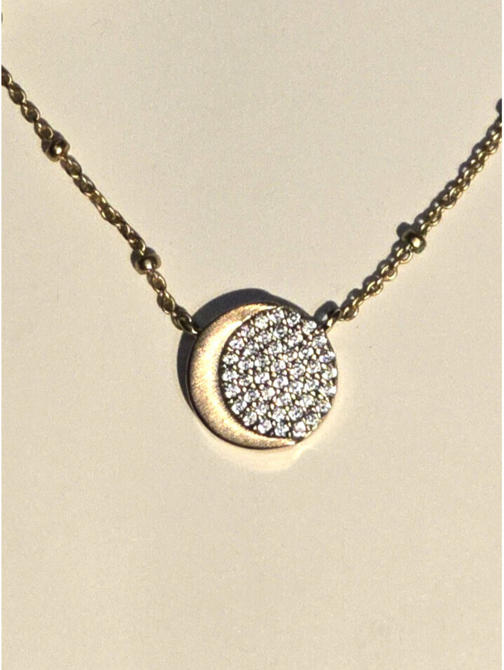 Gold Tone Necklace Attached Dainty Micro Pave Moon Pendant
